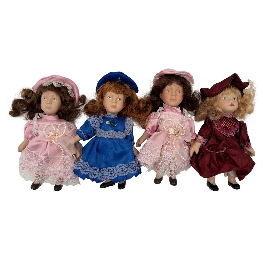 Lot of 4 Porcelain Dolls 6.5" Victorian Style Dresses Hats Lace Whimsical
